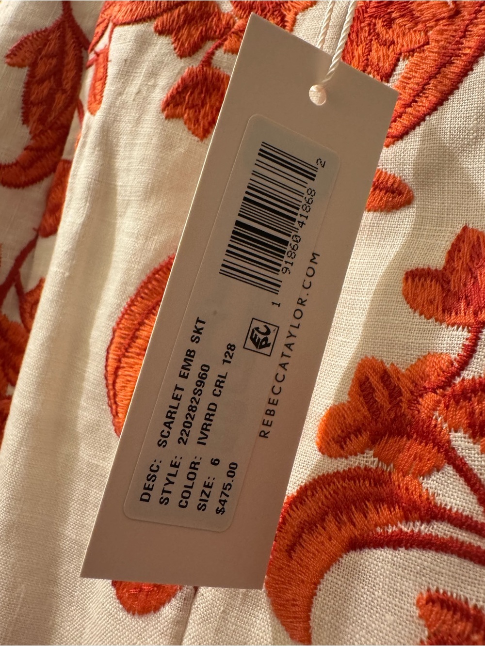 NWT Rebecca Taylor Scarlet Embroidered Linen Skirt Ivory Red Coral Size 6 - Picture 7 of 15